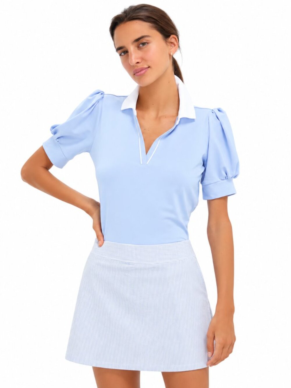 Light Blue Puff Sleeve Performance Jersey Caroline Polo, M